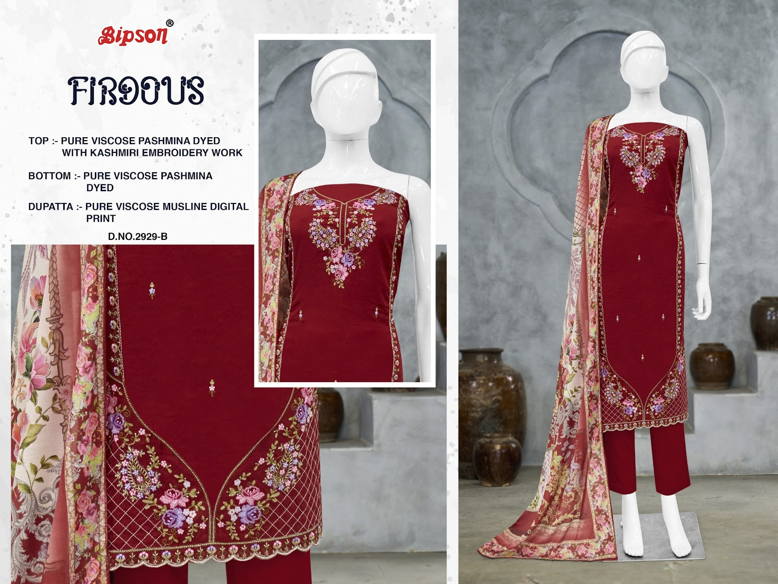 Firdous 2929 Bipson Prints Viscose Pashmina Suits Wholesaler India