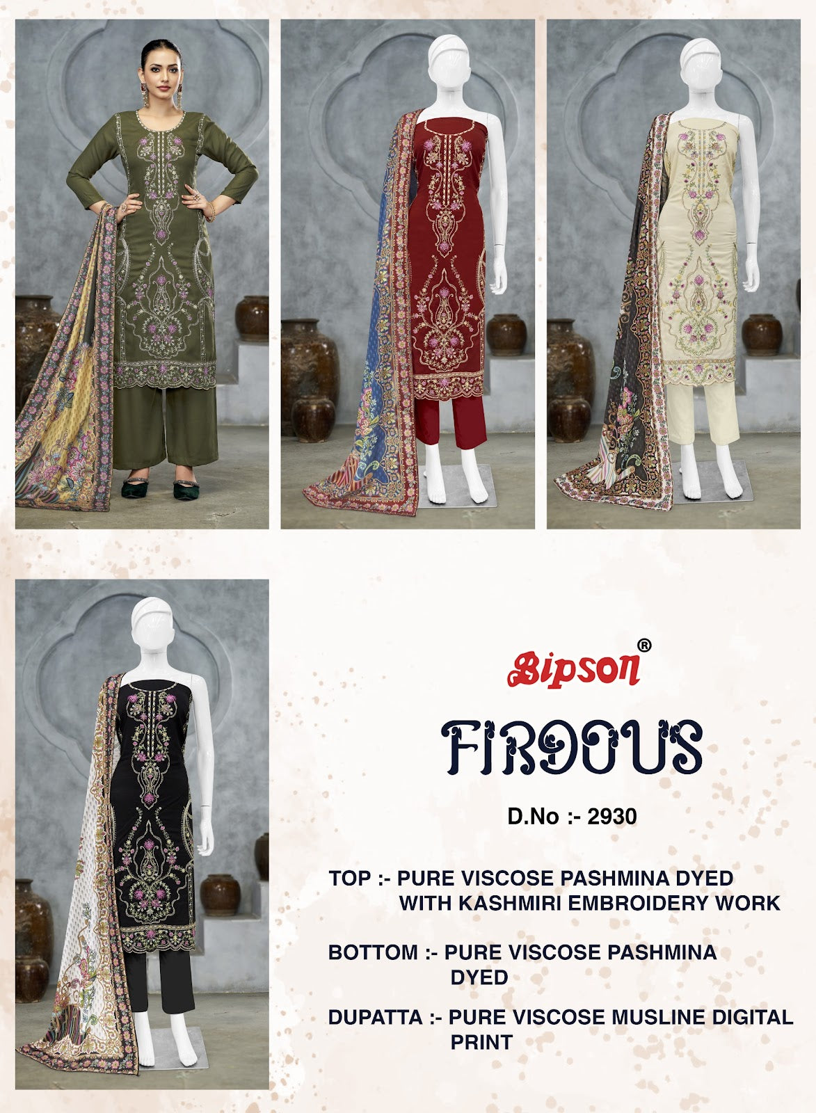 Firdous 2930 Bipson Prints Viscose Pashmina Suits Supplier India