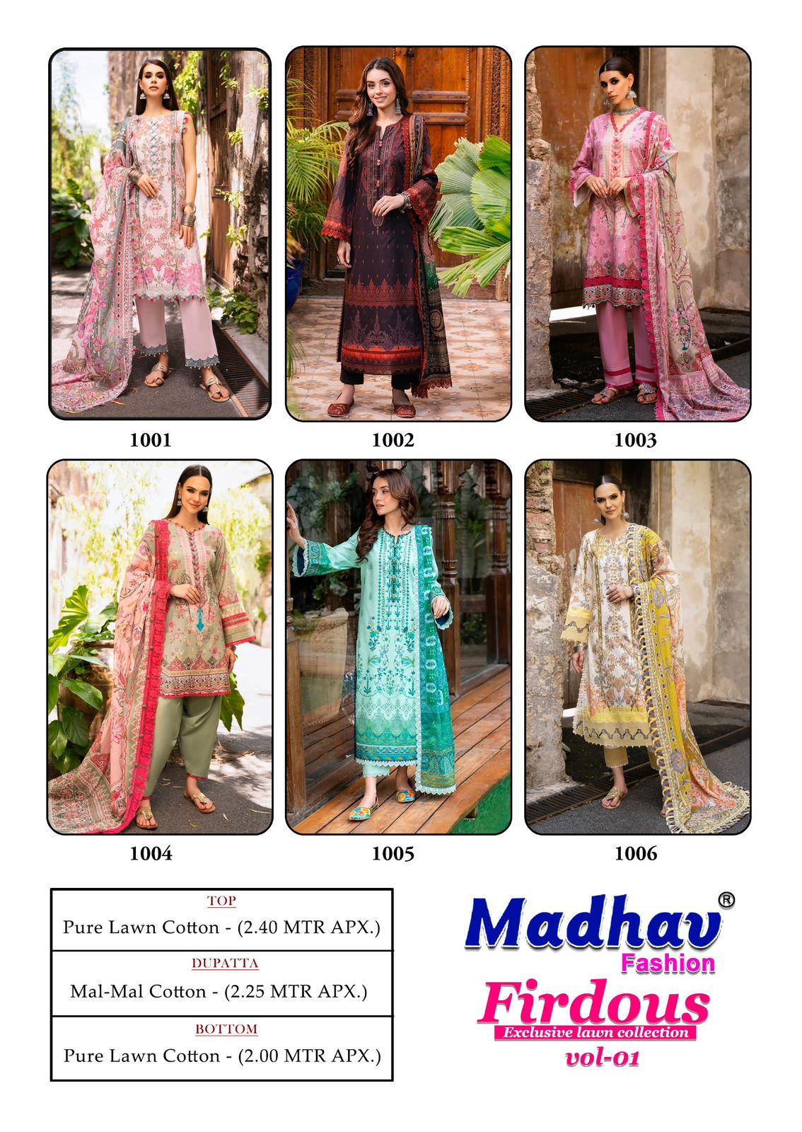 Firdous Vol 1 Exclusive Lawn Colection Madhav Fashion Cotton Karachi Salwar Suits Wholesaler India