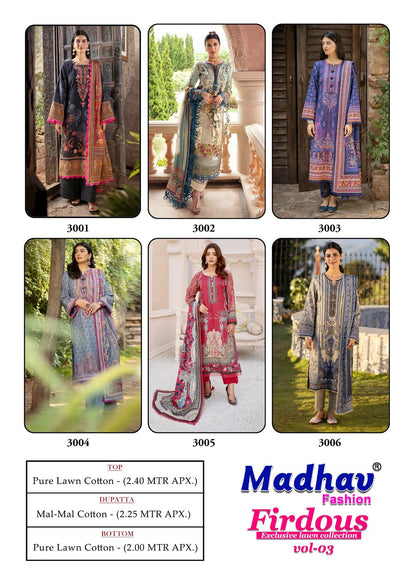 Firdous Vol 3 Madhav Fashion Cotton Lawn Karachi Salwar Suits Wholesale Price