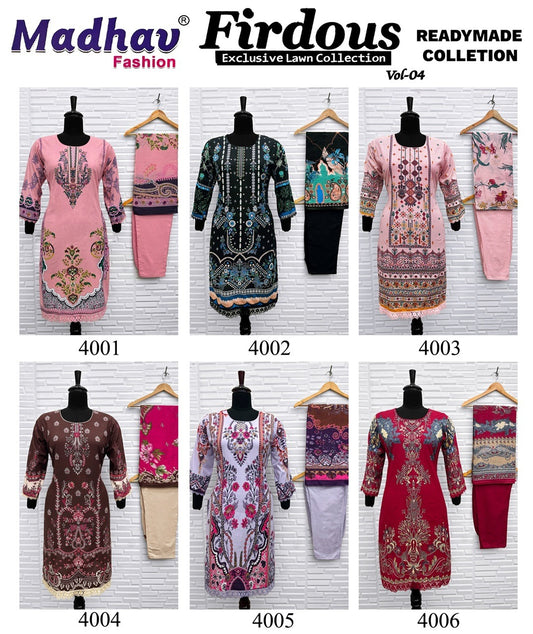 Firdous Vol 4 Madhav Fashion Lawn Cotton Karachi Readymade Suits Wholesaler Gujarat