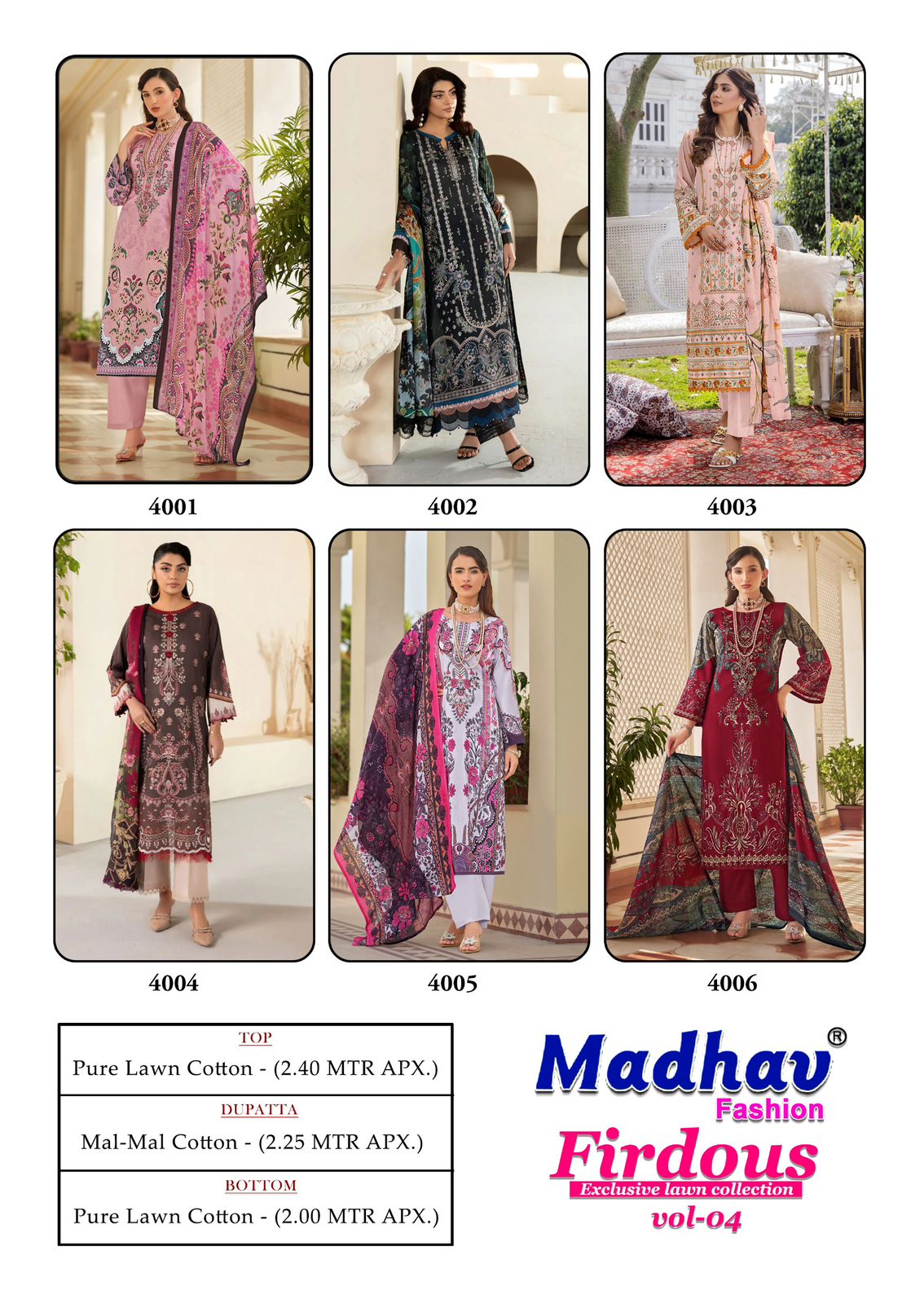 Firdous Vol 4 Madhav Fashion Lawn Cotton Karachi Salwar Suits Supplier