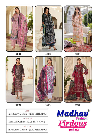 Firdous Vol 4 Madhav Fashion Lawn Cotton Karachi Salwar Suits Supplier