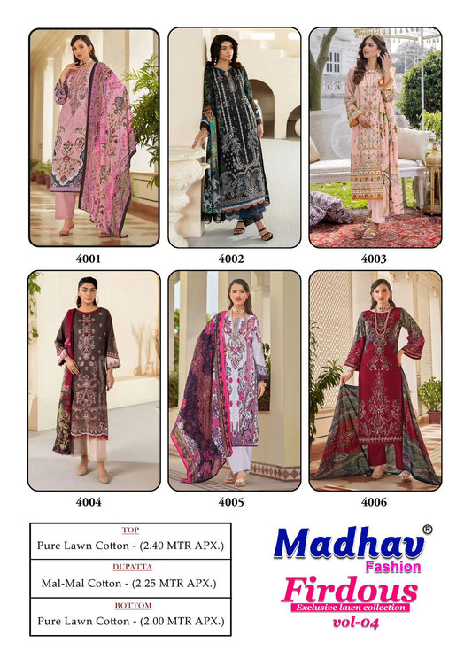 Firdous Vol 4 Madhav Fashion Lawn Cotton Karachi Salwar Suits Supplier