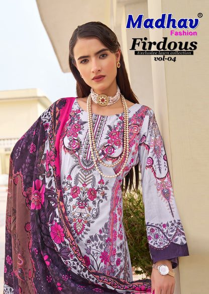 Firdous Vol 4 Madhav Fashion Lawn Cotton Karachi Salwar Suits Supplier