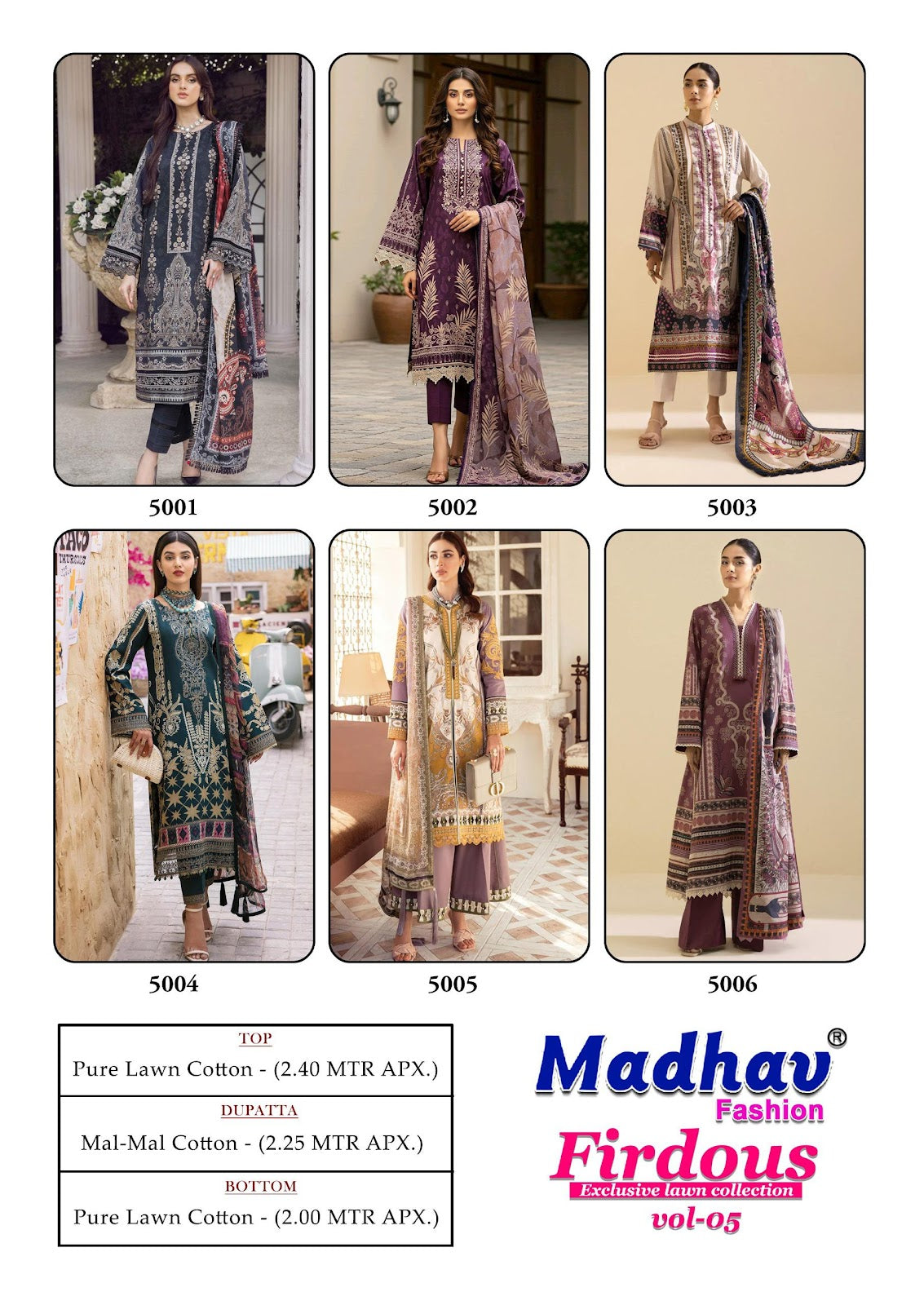 Firdous Vol 5 Madhav Fashion Lawn Cotton Karachi Salwar Suits Wholesale