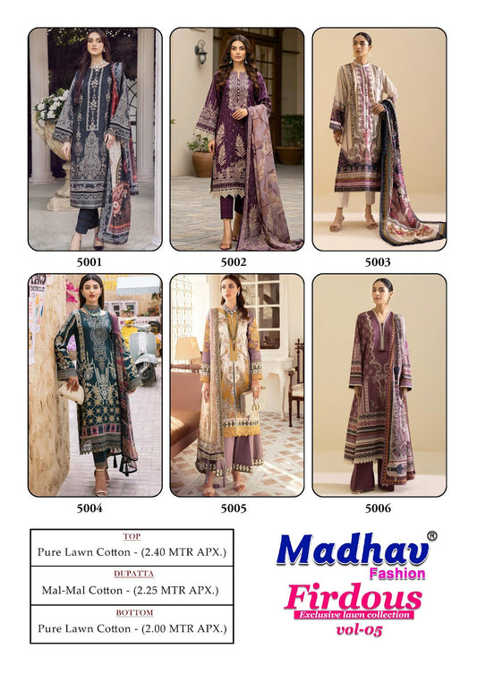 Firdous Vol 5 Madhav Fashion Lawn Cotton Karachi Salwar Suits Wholesale