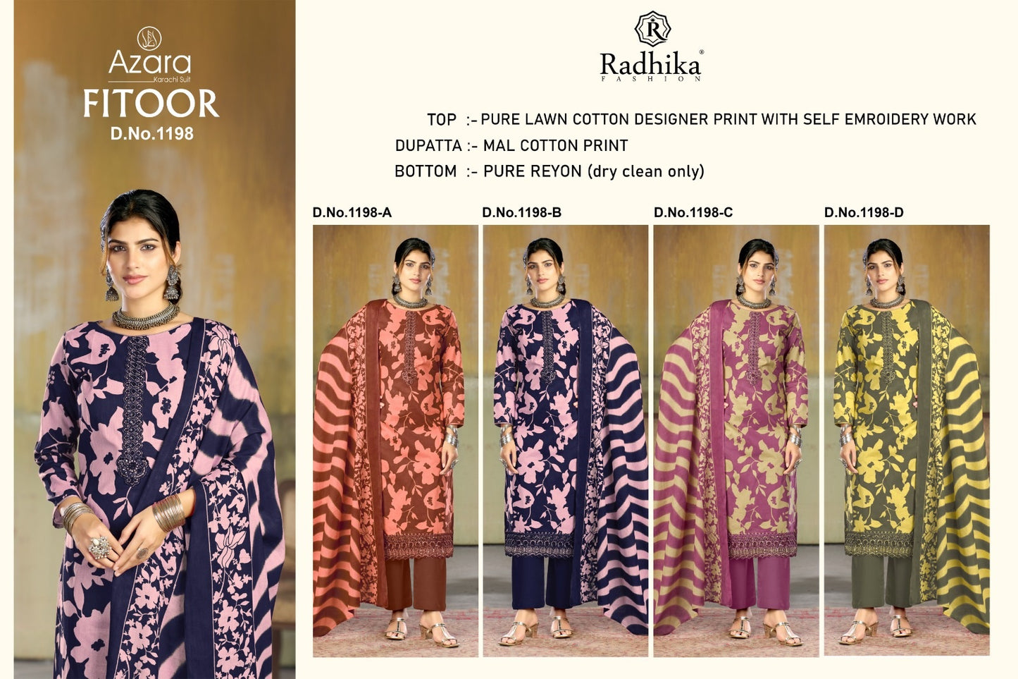 Fitoor Radhika Fashion Azara Lawn Cotton Karachi Salwar Suits Wholesale Rate