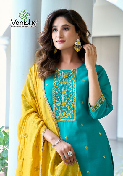 Fiza Vol 5 Vaniska Roman Silk Readymade Pant Style Suits Wholesaler Ahmedabad
