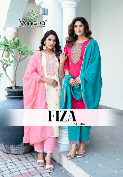 Fiza Vol 5 Vaniska Roman Silk Readymade Pant Style Suits Wholesaler Ahmedabad