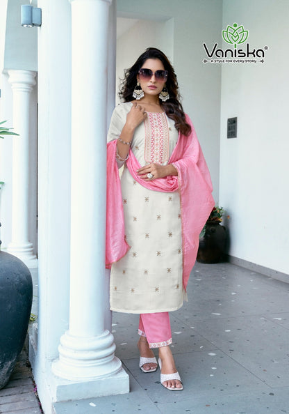 Fiza Vol 5 Vaniska Roman Silk Readymade Pant Style Suits Wholesaler Ahmedabad
