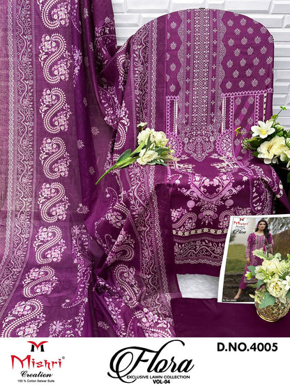 Flora Vol 4 Exclusive Lawn Collection Mishri Lawn Cotton Karachi Salwar Suits Exporter Gujarat