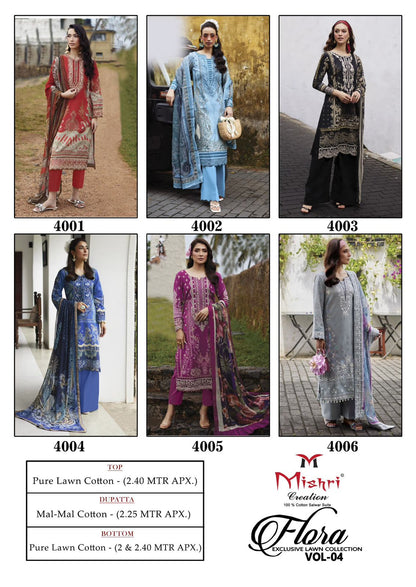 Flora Vol 4 Exclusive Lawn Collection Mishri Lawn Cotton Karachi Salwar Suits Exporter Gujarat