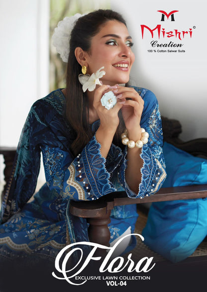 Flora Vol 4 Exclusive Lawn Collection Mishri Lawn Cotton Karachi Salwar Suits Exporter Gujarat
