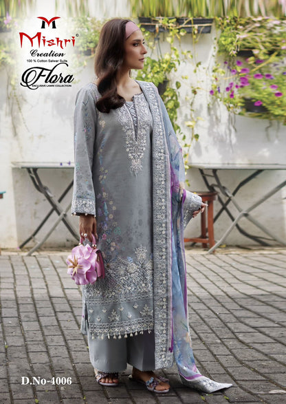 Flora Vol 4 Exclusive Lawn Collection Mishri Lawn Cotton Karachi Salwar Suits Exporter Gujarat