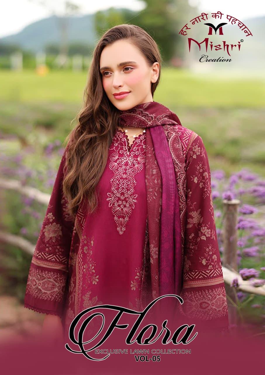 Flora Vol 5 Exclusive Lawn Mishri Cotton Karachi Salwar Suits Manufacturer India