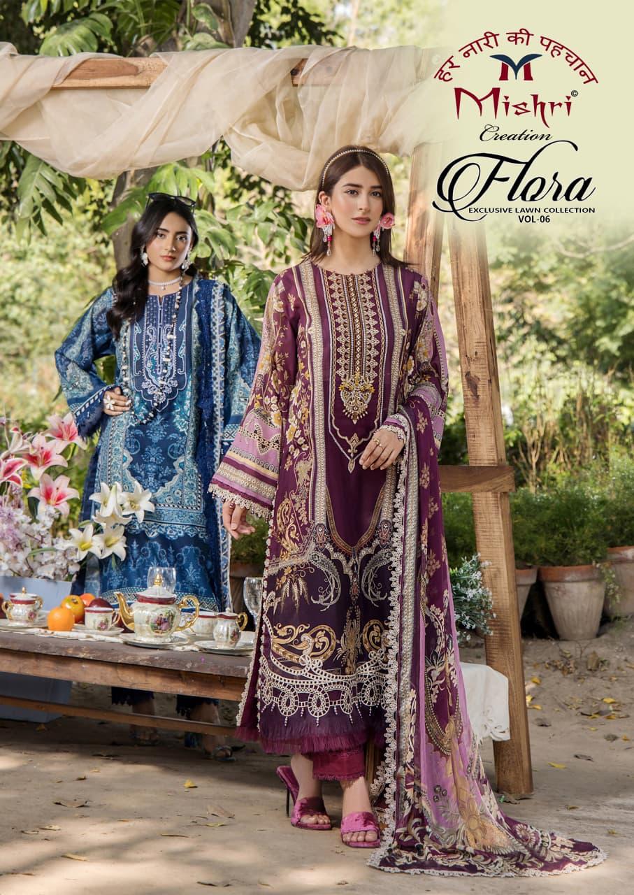 Flora Vol 6 Exclusive Lawn Mishri Cotton Karachi Salwar Suits Exporter Gujarat