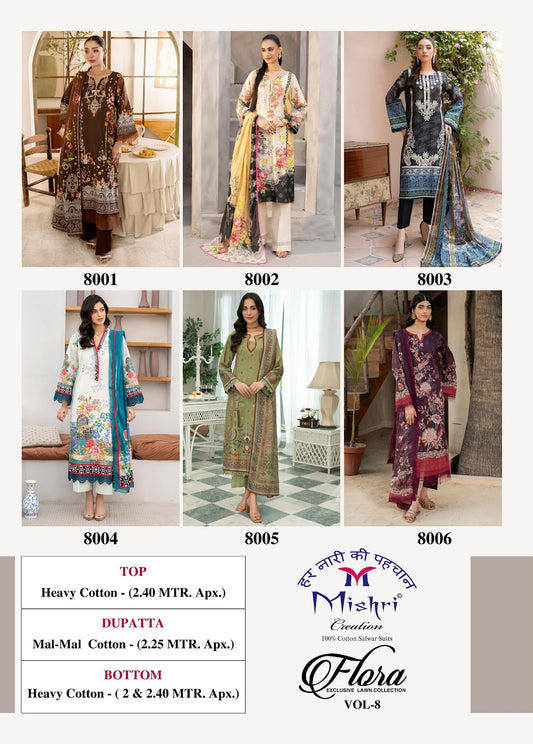 Flora Vol 8 Mishri Lawn Cotton Karachi Salwar Suits Wholesaler Gujarat