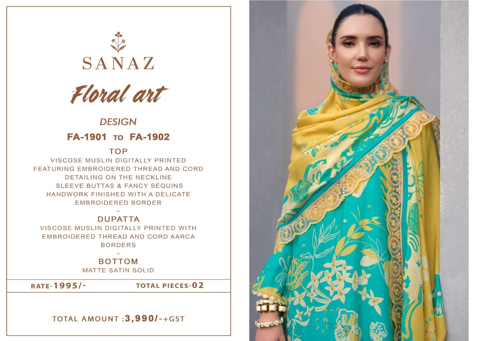 Floral Art Sanaz Viscose Muslin Pant Style Suits Exporter Ahmedabad
