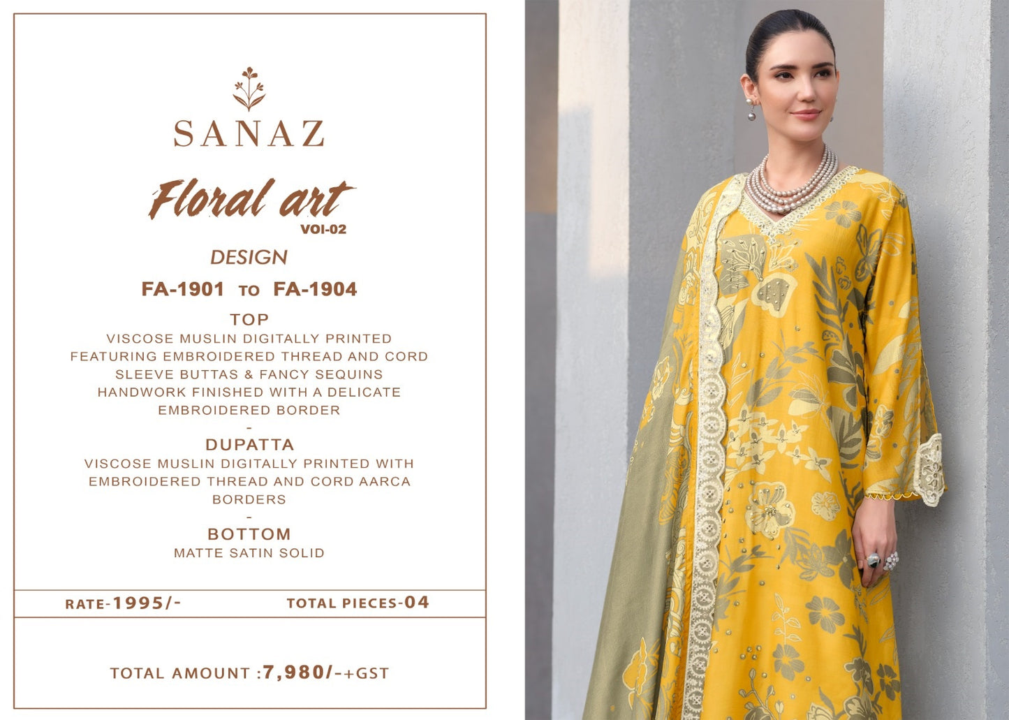 Floral Art Vol 2 Sanaz Viscose Muslin Pant Style Suits Wholesale Price