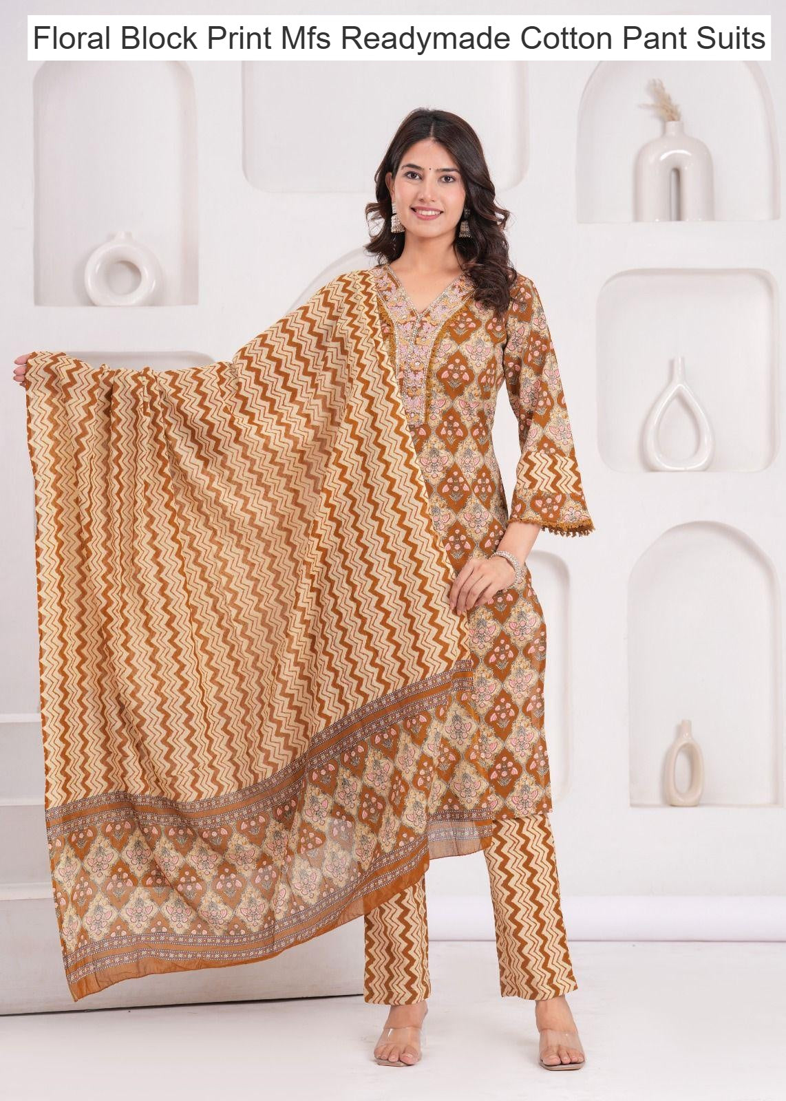 Floral Block Print Mfs Readymade Cotton Pant Suits Wholesale Price