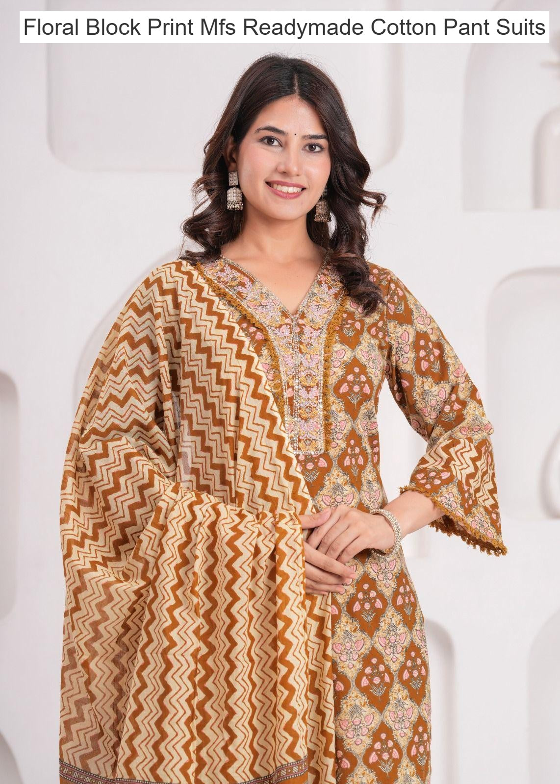 Floral Block Print Mfs Readymade Cotton Pant Suits Wholesale Price