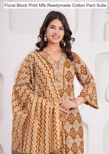 Floral Block Print Mfs Readymade Cotton Pant Suits Wholesale Price