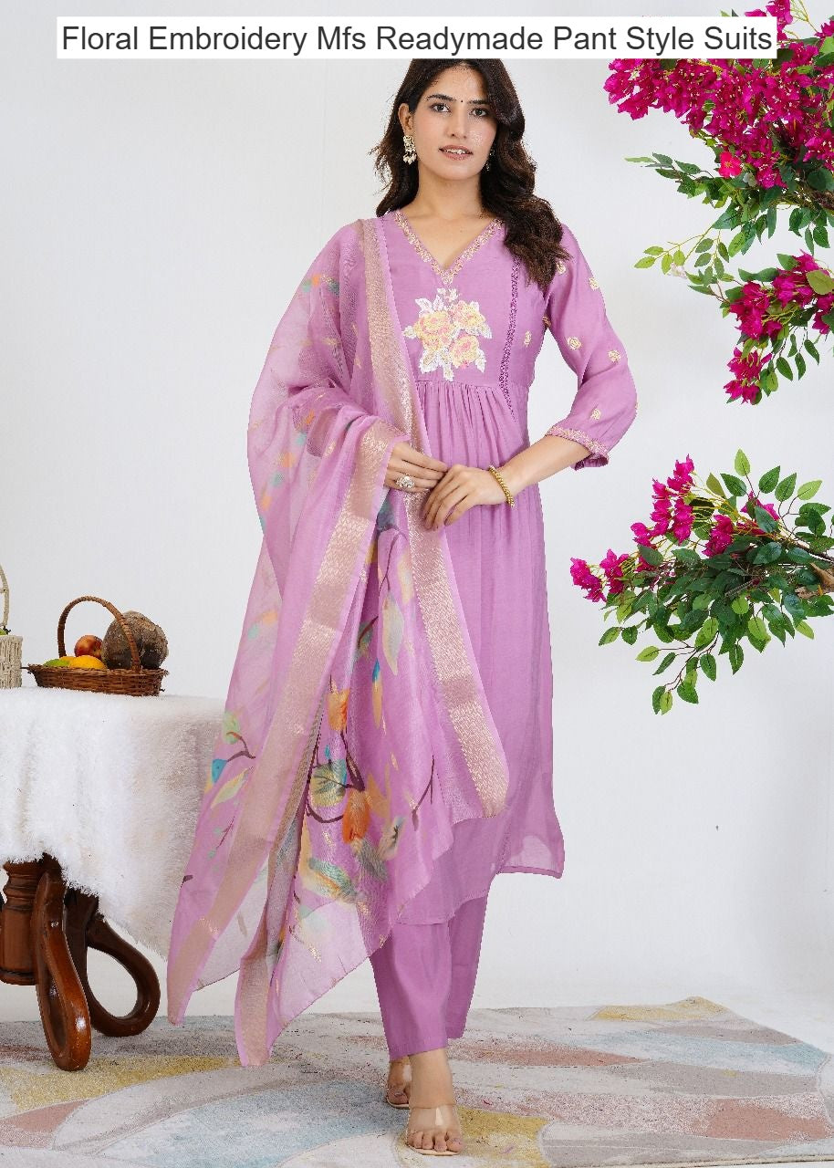 Floral Embroidery Mfs Chanderi Readymade Pant Style Suits Exporter India