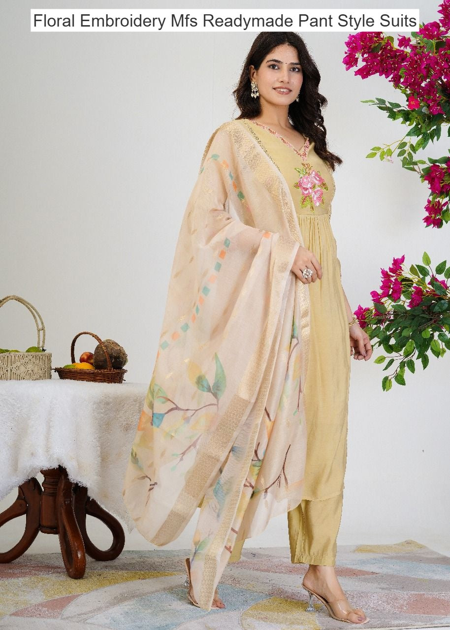 Floral Embroidery Mfs Chanderi Readymade Pant Style Suits Exporter India