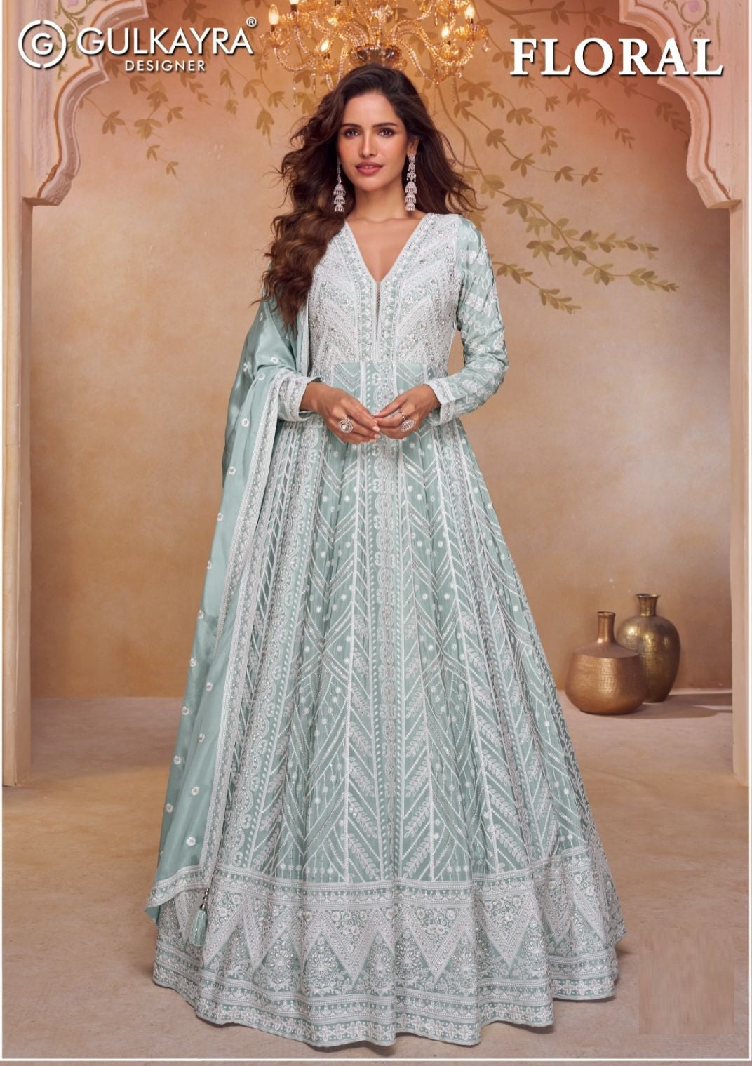 Floral Gulkayra Designer Chinnon Gown Dupatta Set Wholesale Rate