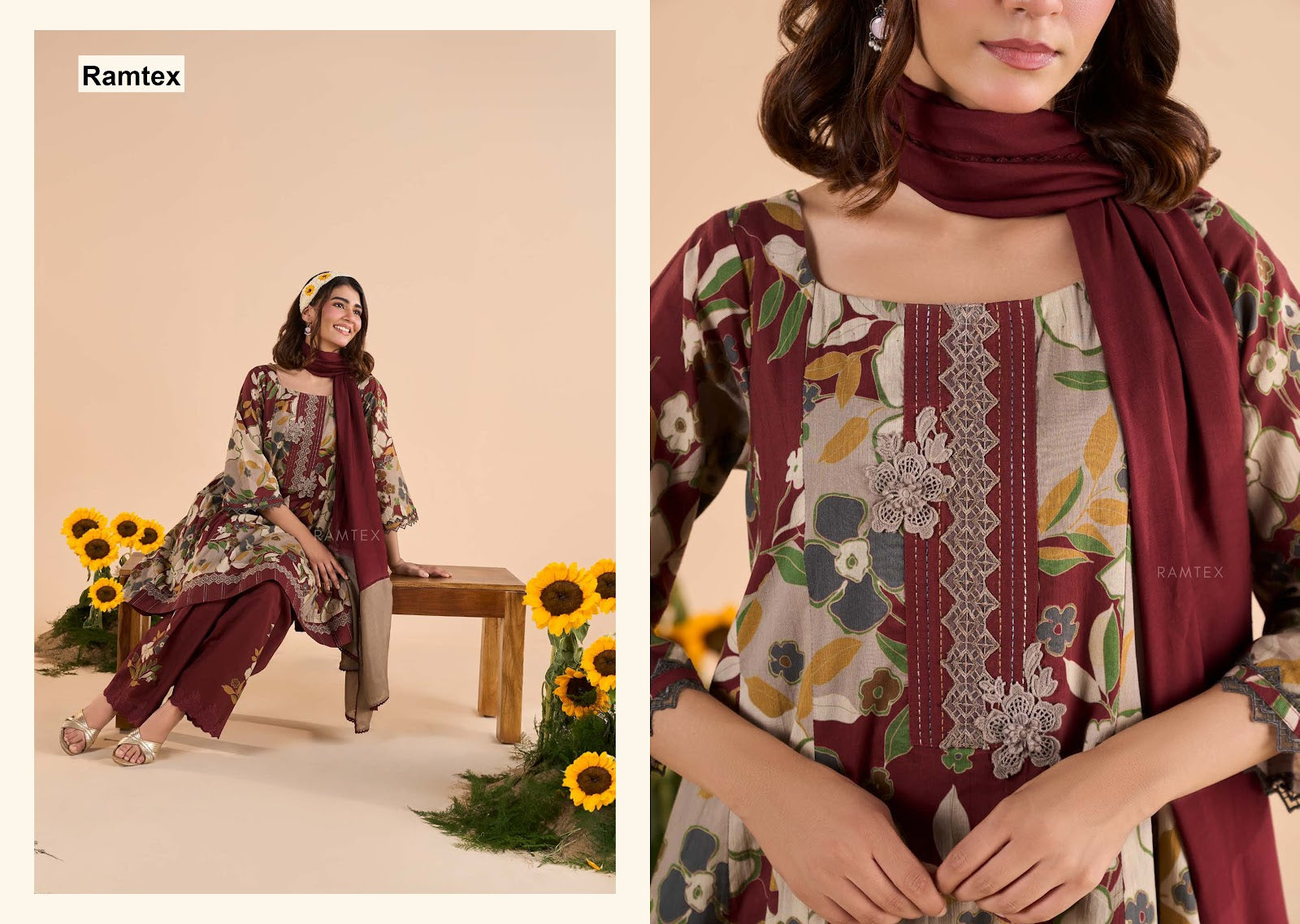 Floral Ramtex Cotton Pant Style Suits Wholesaler