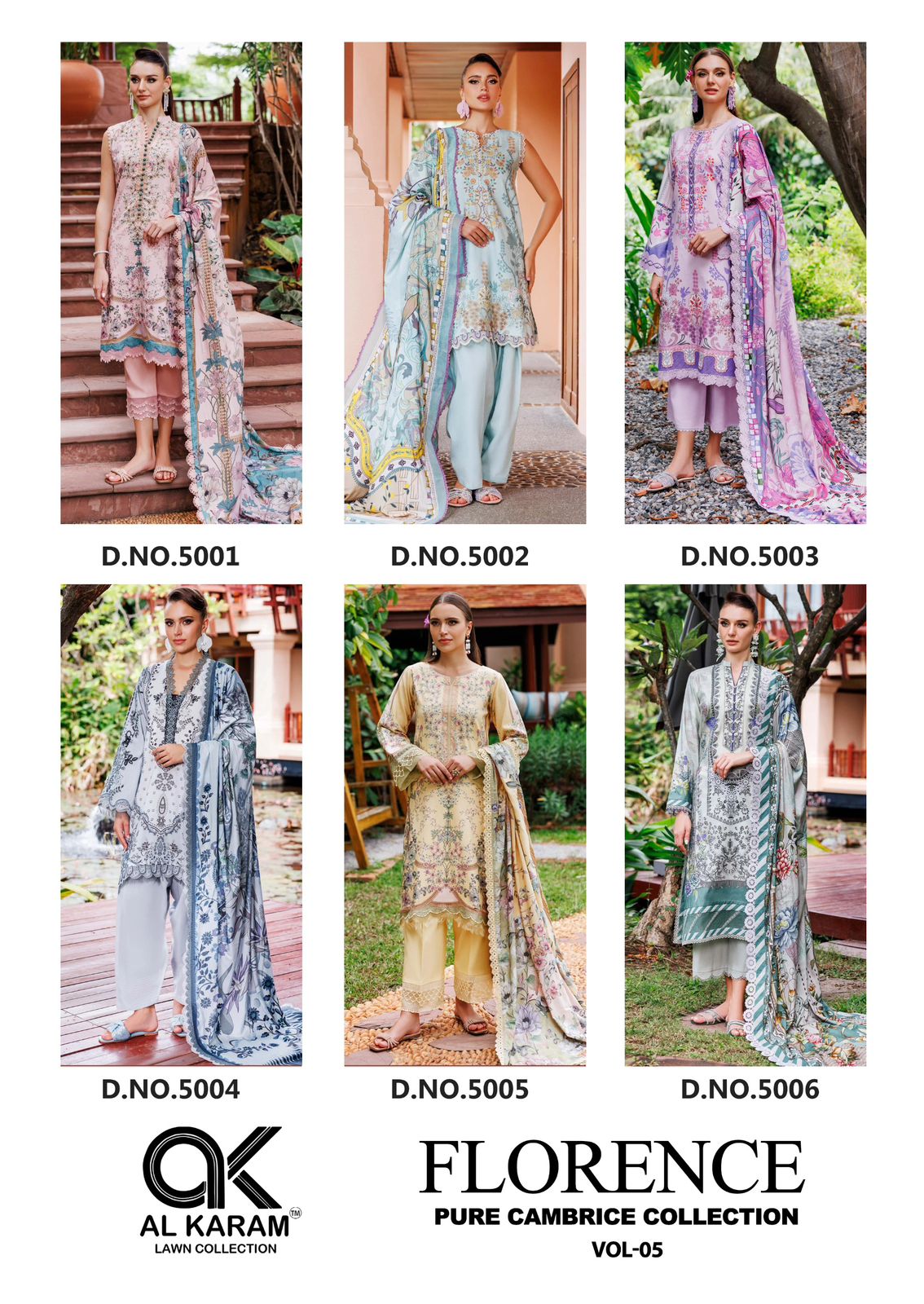 Florence Vol 5 Pure Cambric Collection Al Karam Lawn Cotton Karachi Salwar Suits Wholesale Price