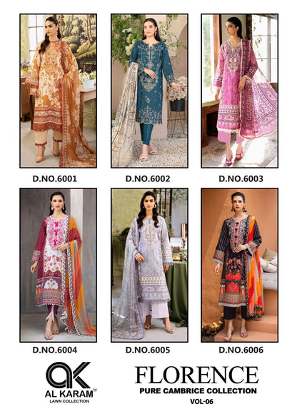 Florence Vol 6 Pure Cambric Collection Al Karam Karachi Salwar Suits Wholesale Rate
