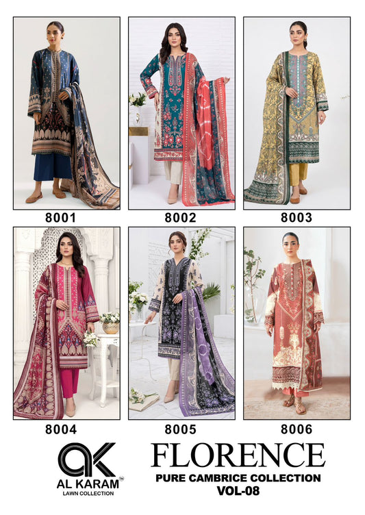 Florence Vol 8 Al Karam Cambric Cotton Karachi Salwar Suits Supplier Gujarat