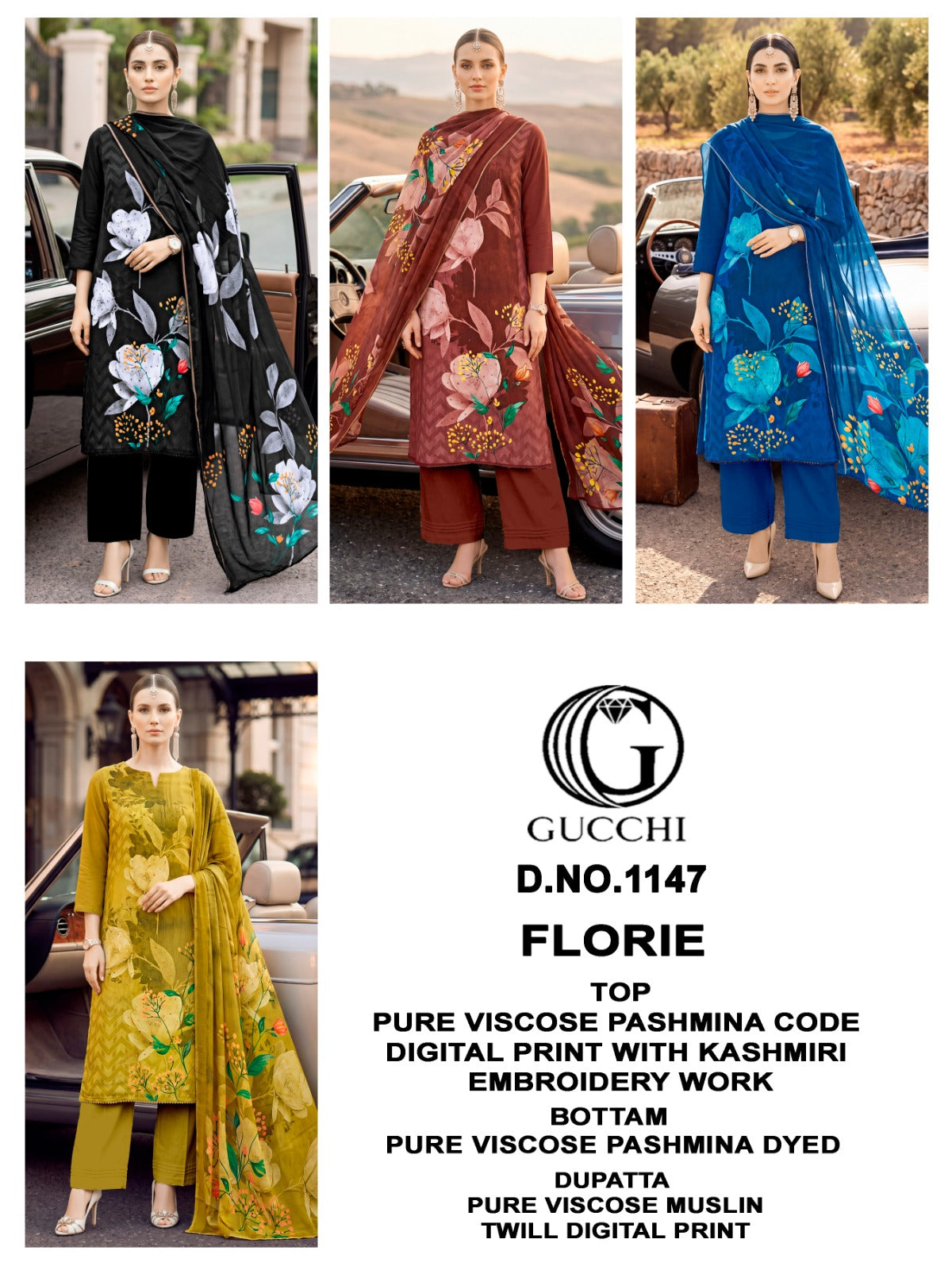 Florie 1144-1145-1147 Gucchi Viscose Pashmina Suits Wholesaler
