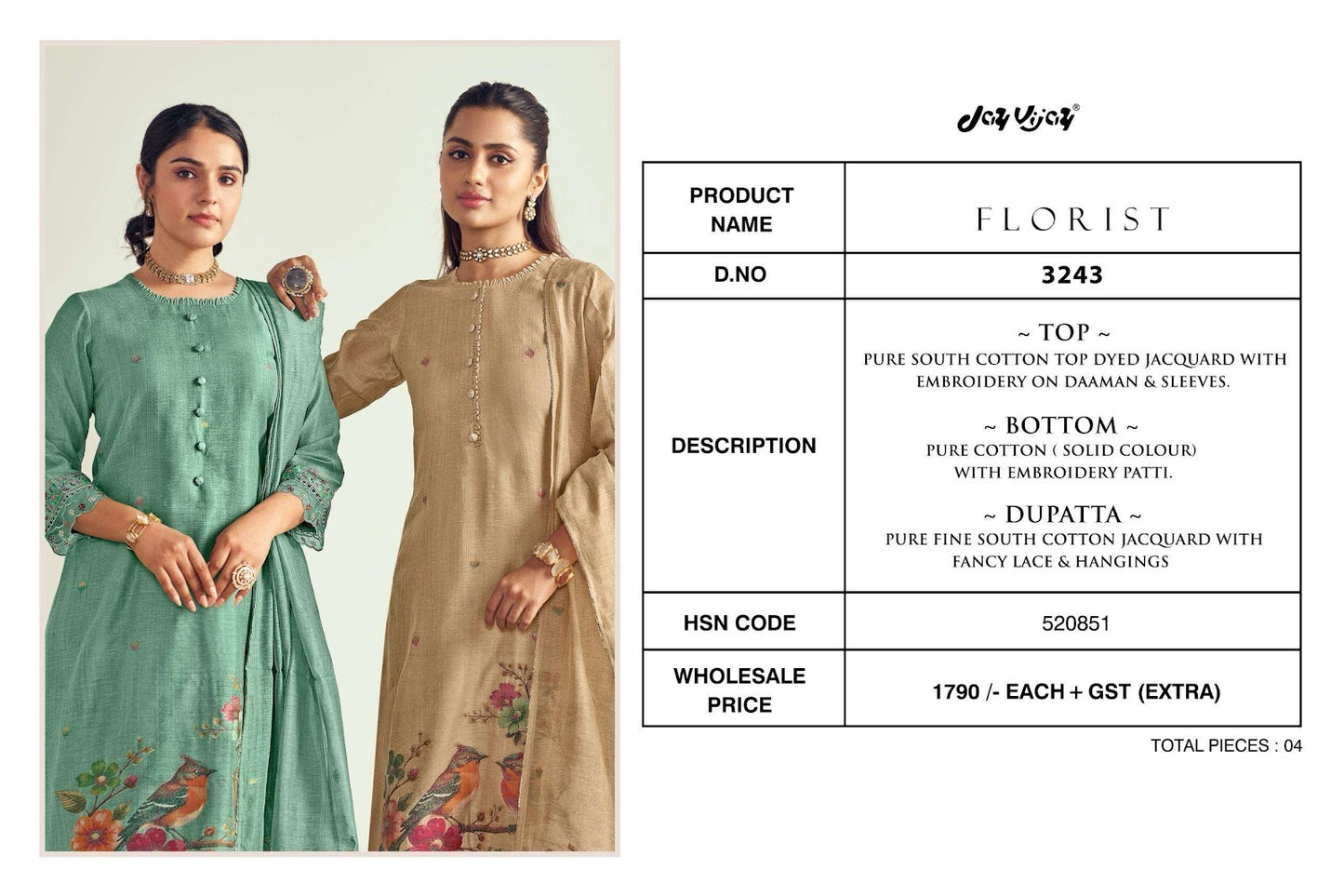 Florist Jay Vijay Pure Cotton Pant Style Suits Wholesaler Ahmedabad