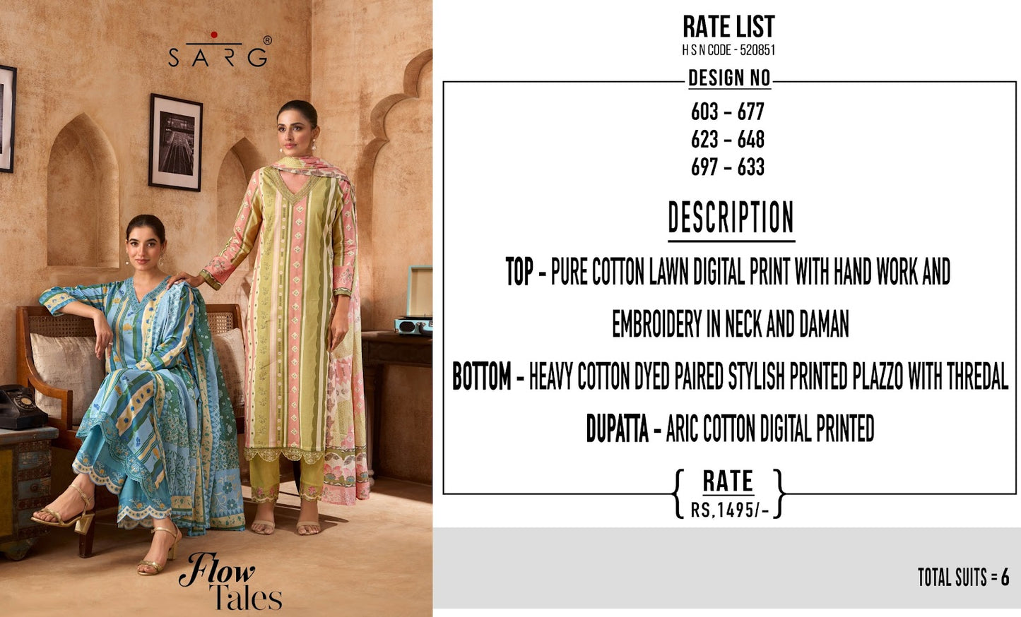 Flow Tales Sarg Cotton Lawn Plazzo Style Suits Exporter