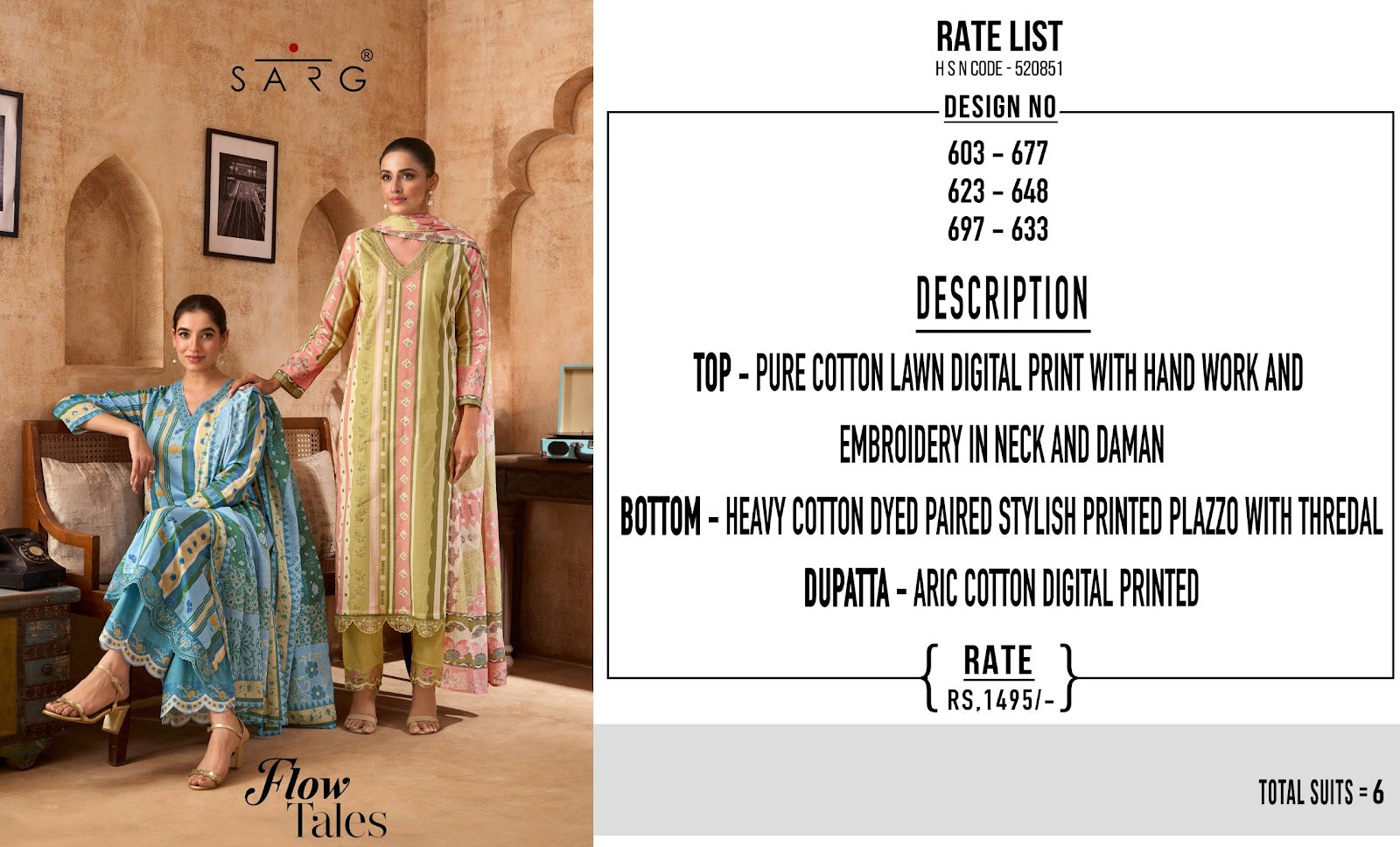 Flow Tales Sarg Cotton Lawn Plazzo Style Suits Exporter