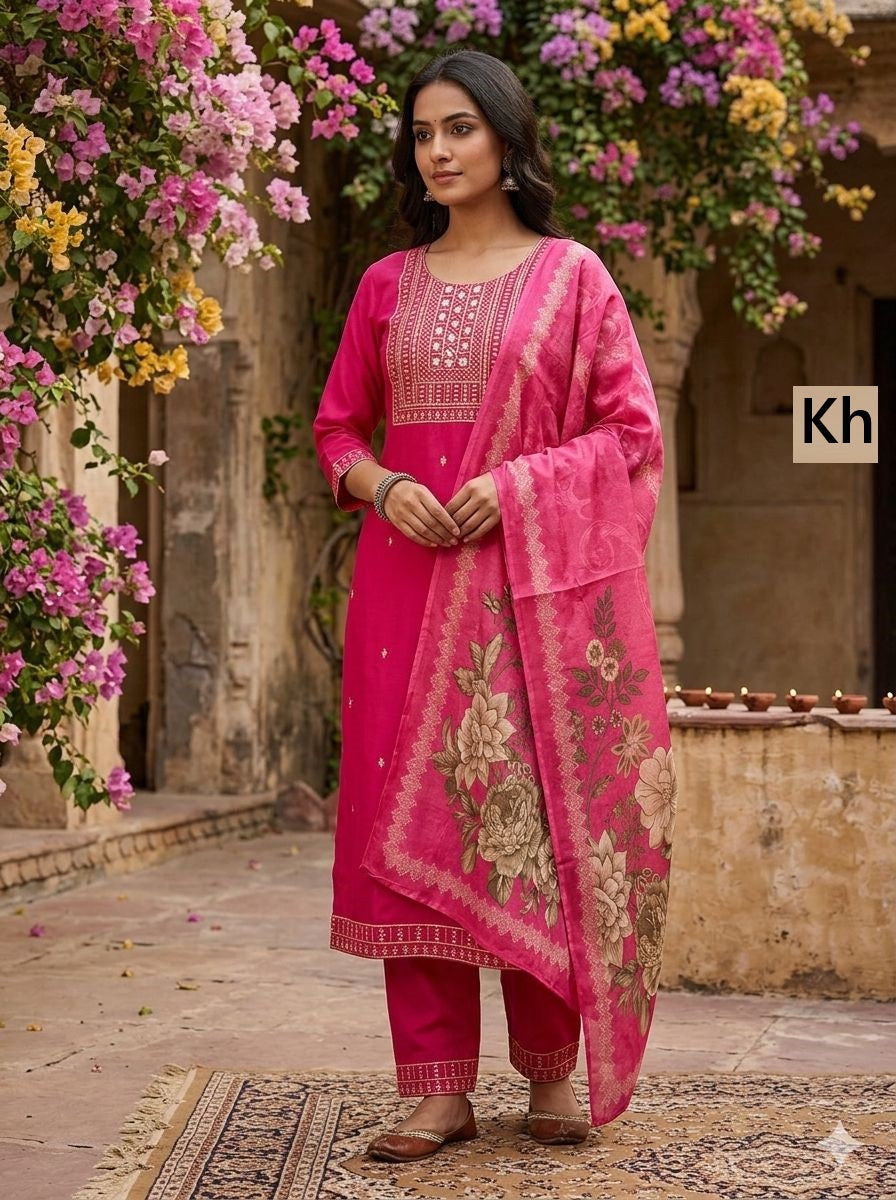 Flower Print 030726 Kh Roman Silk Readymade Pant Style Suits Wholesale Price