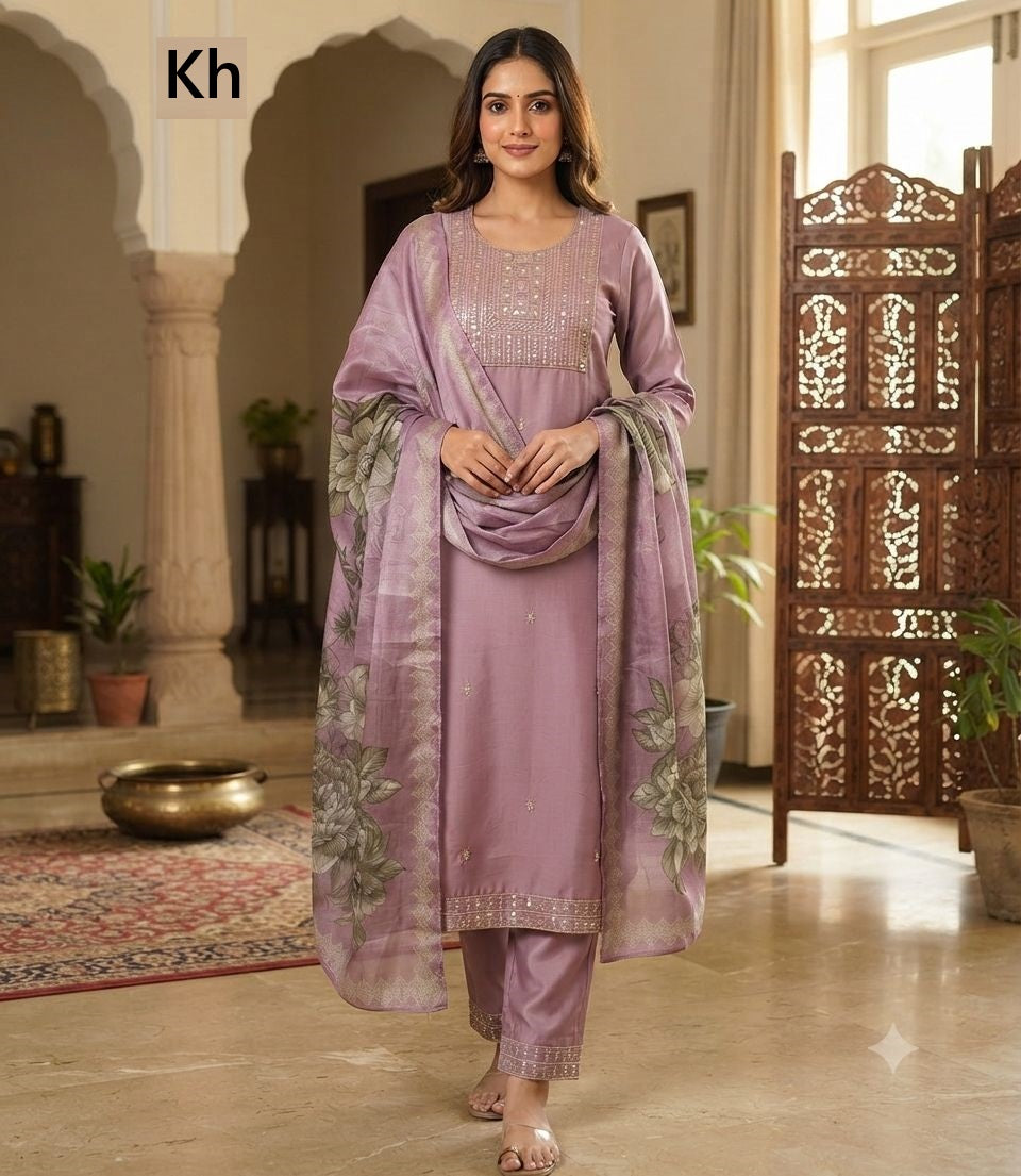 Flower Print 030726 Kh Roman Silk Readymade Pant Style Suits Wholesale Price