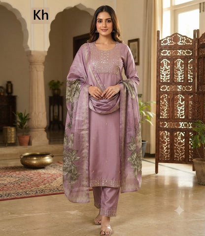 Flower Print 030726 Kh Roman Silk Readymade Pant Style Suits Wholesale Price