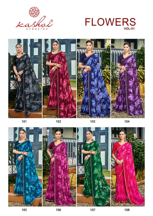 Flowers Vol 1 Kashvi Creation Georgette Sarees Wholesaler