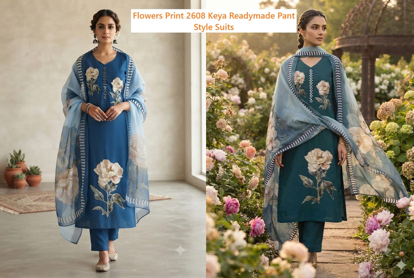 Flowers Print 2608 Keya Roman Readymade Pant Style Suits Wholesale Price