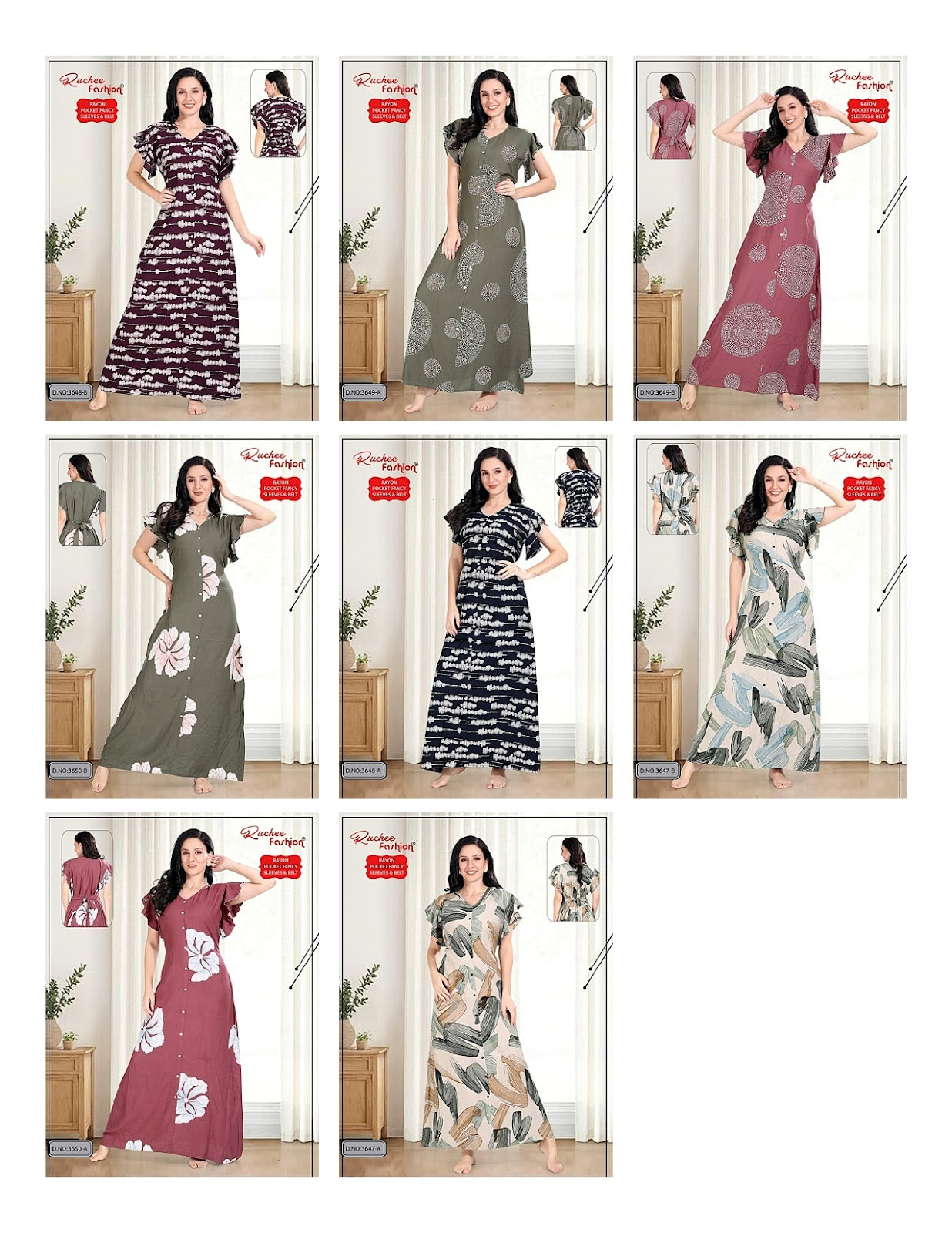 Flutter-Ruffled Sleeves Ruchee Fashion Rayon Night Gowns Supplier Gujarat