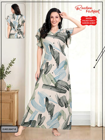 Flutter-Ruffled Sleeves Ruchee Fashion Rayon Night Gowns Supplier Gujarat