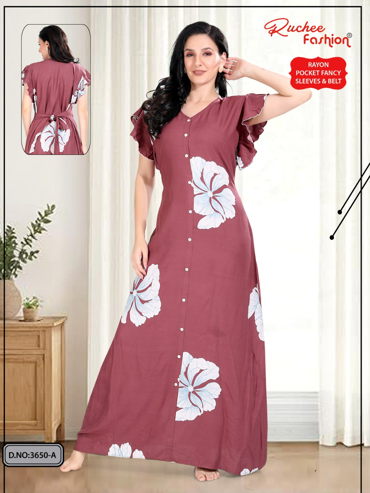 Flutter-Ruffled Sleeves Ruchee Fashion Rayon Night Gowns Supplier Gujarat