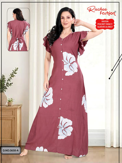 Flutter-Ruffled Sleeves Ruchee Fashion Rayon Night Gowns Supplier Gujarat