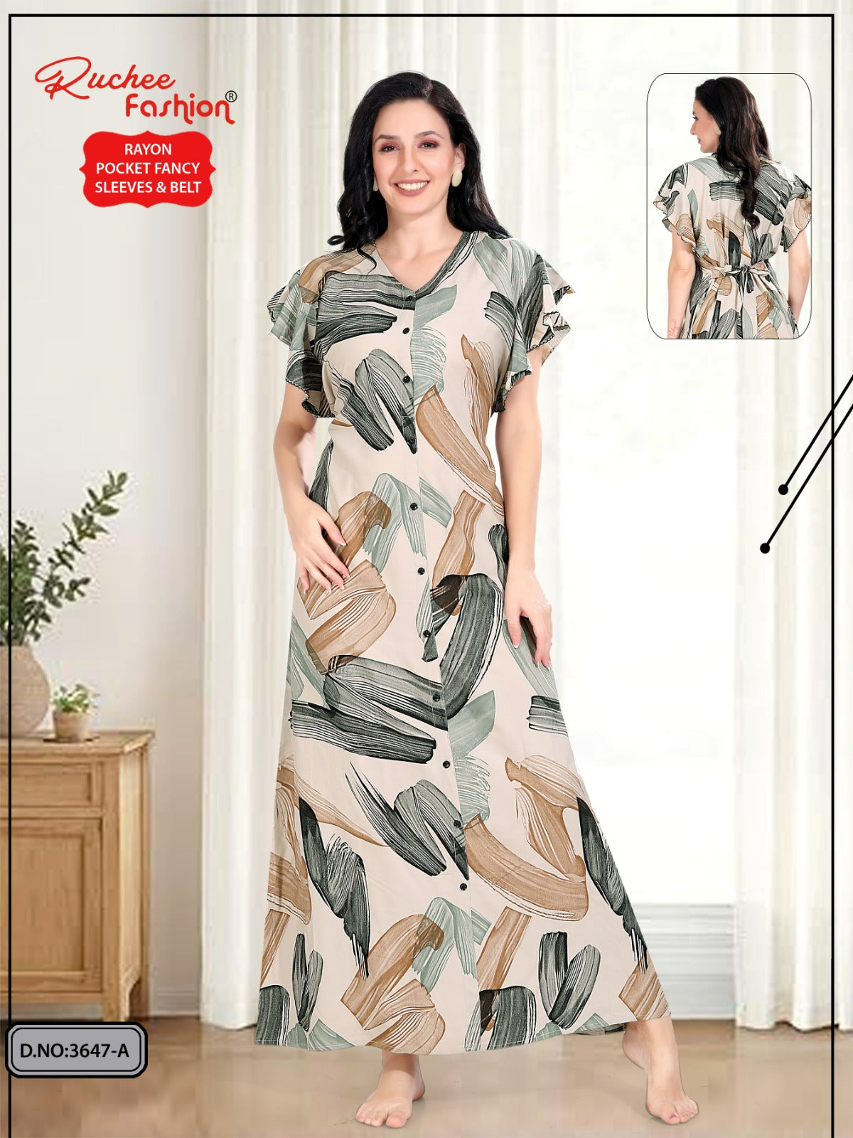 Flutter-Ruffled Sleeves Ruchee Fashion Rayon Night Gowns Supplier Gujarat