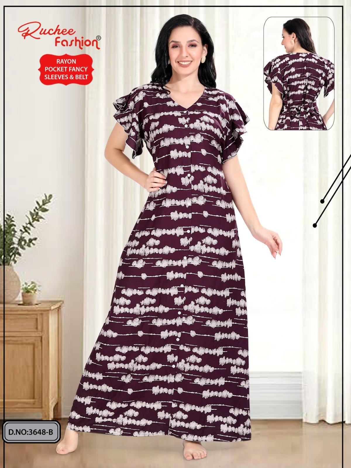 Flutter-Ruffled Sleeves Ruchee Fashion Rayon Night Gowns Supplier Gujarat