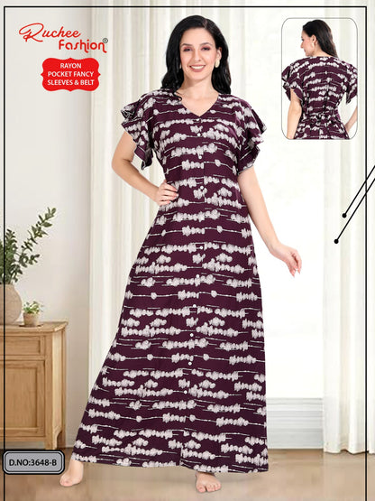 Flutter-Ruffled Sleeves Ruchee Fashion Rayon Night Gowns Supplier Gujarat